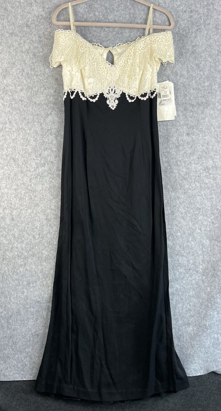 VTG Scott McClintock Formal Maxi Dress Womens 12 Black Lace Off-Shoulder 80s NWT